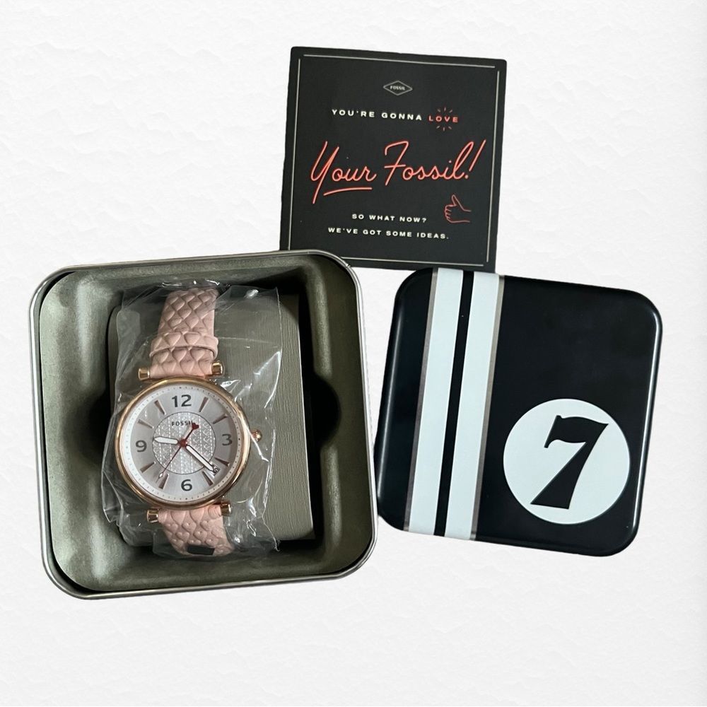 New With Tags Fossil Carlie Three Hand Date Eco Leather Watch